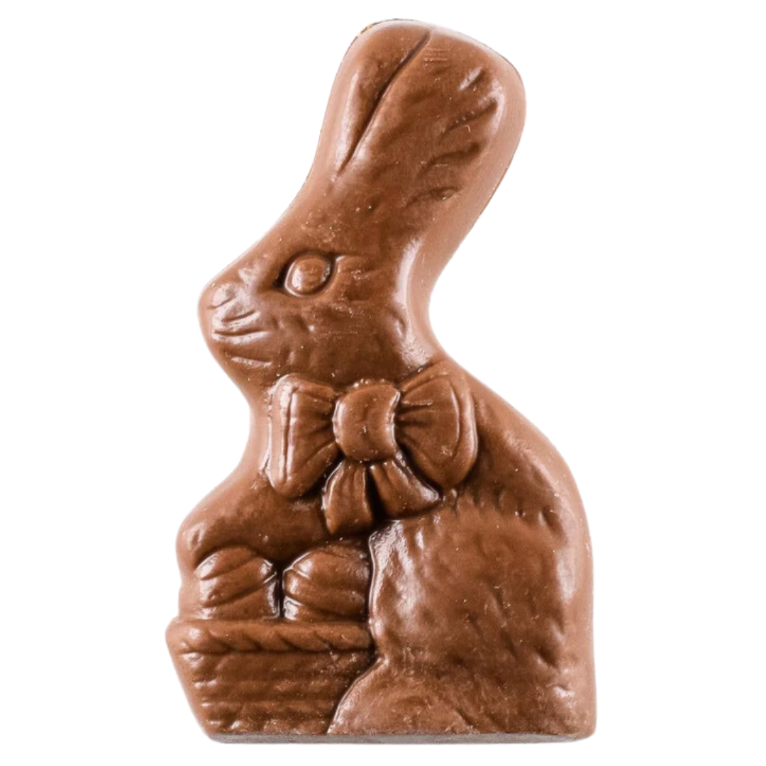 Premium solid milk chocolate bunny, a 1.9-ounce Easter treat made by Ticket Chocolate. Smooth, gourmet chocolate with a decorative bow, ideal for holiday celebrations, Easter gifts, and sweet surprises for family and friends.