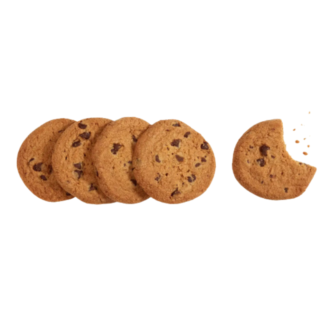 Chocolate chip cookies with one bitten cookie on a white background.