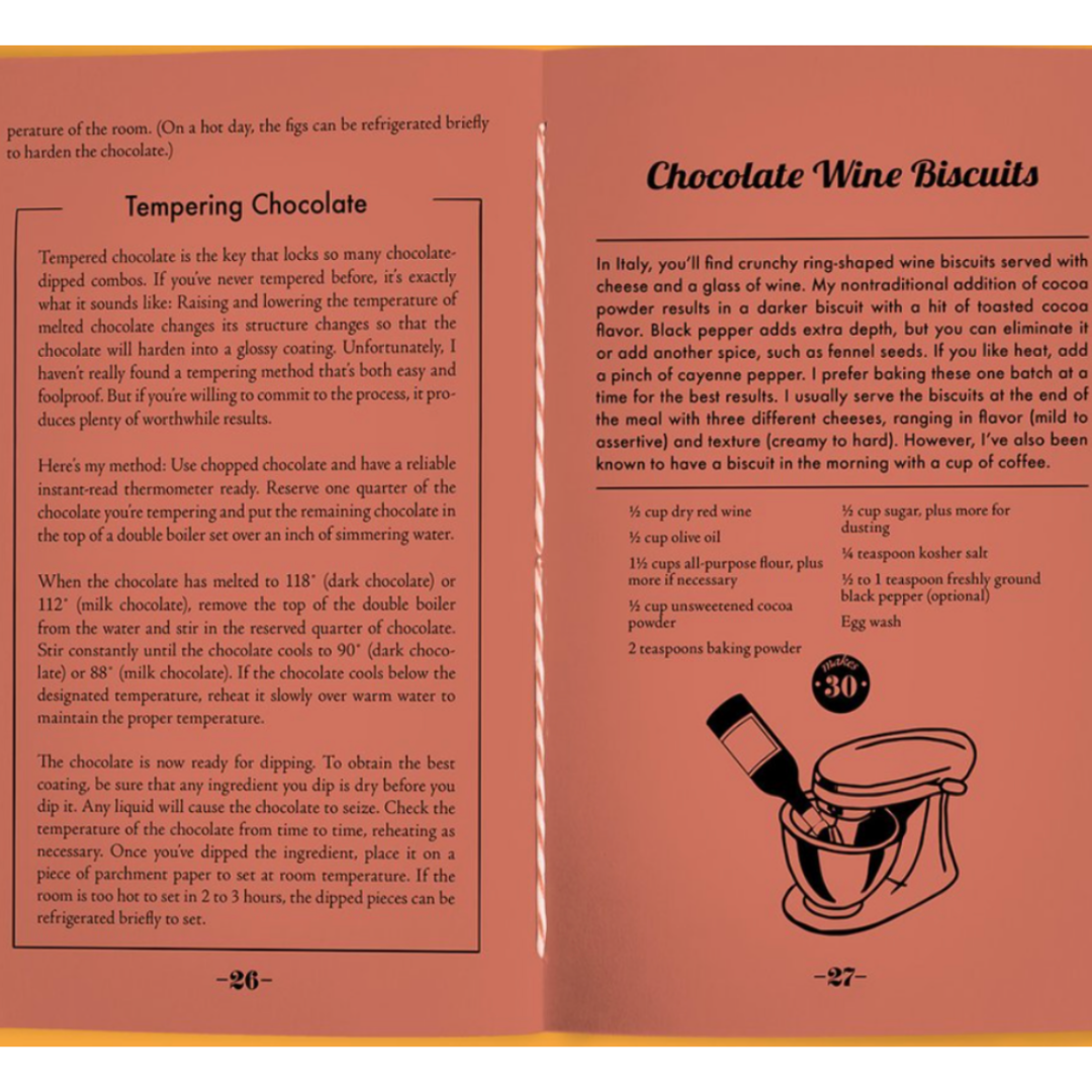 Page of a chocolate recipe book showcasing a recipe for homemade chocolate wine biscuits. The page displays the ingredients list and baking instructions.