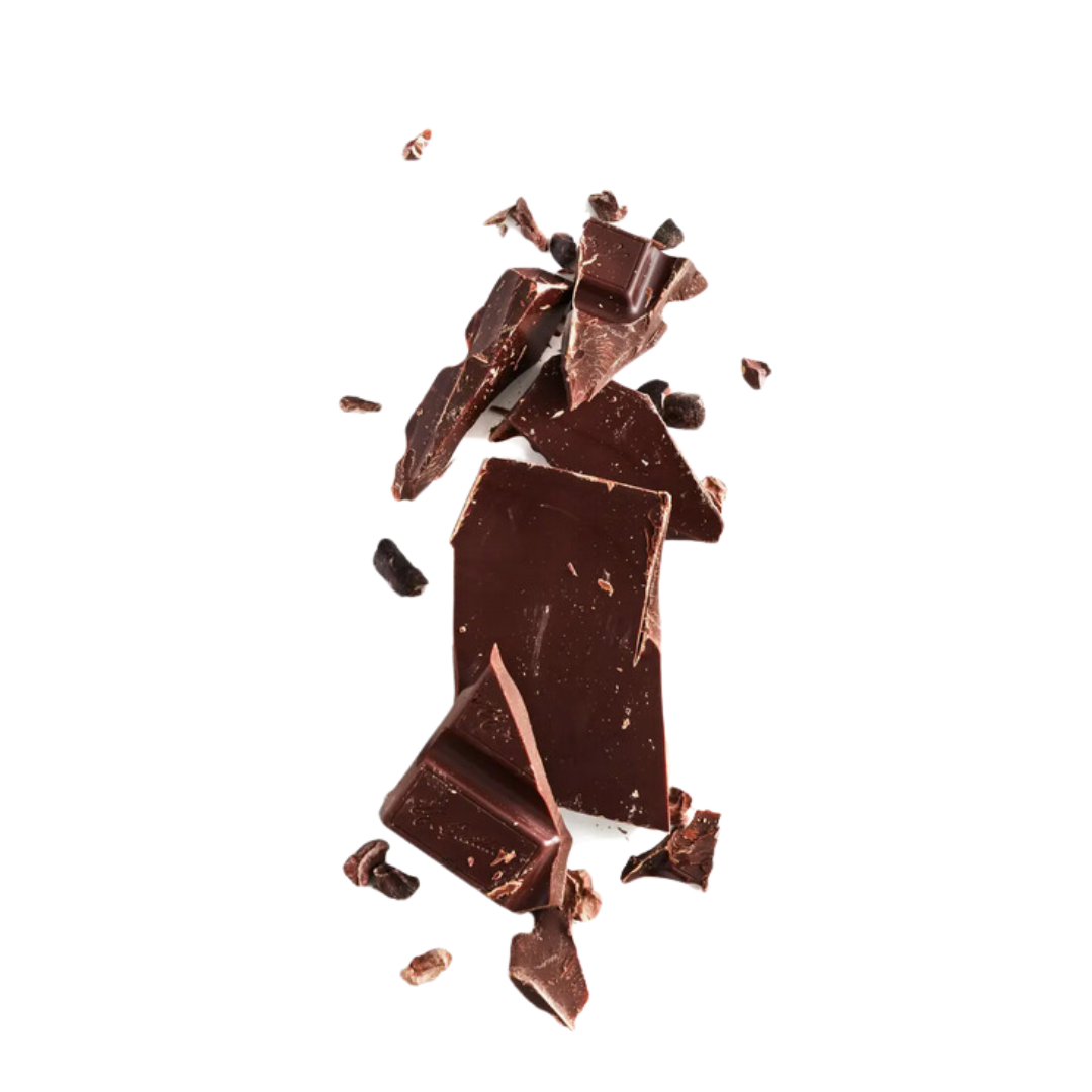 Image of dark chocolate broken into pieces on a white background.