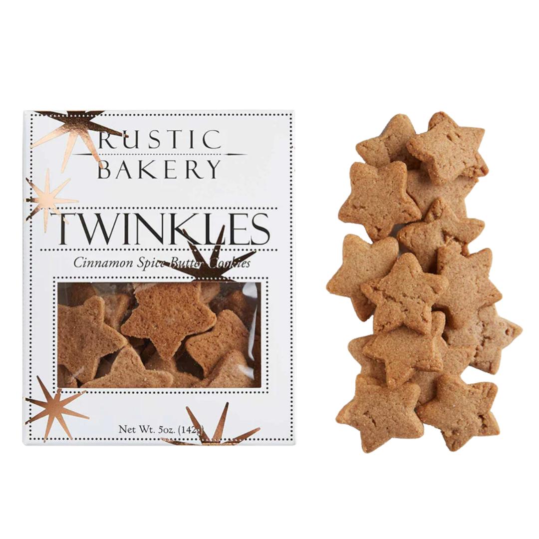 A charming display of Rustic Bakery's festive star cookies, featuring delicate holiday spiced butter cookies arranged on a decorative plate. The cookies showcase a crisp texture and are beautifully packaged, perfect for gifting or sharing during holiday celebrations.