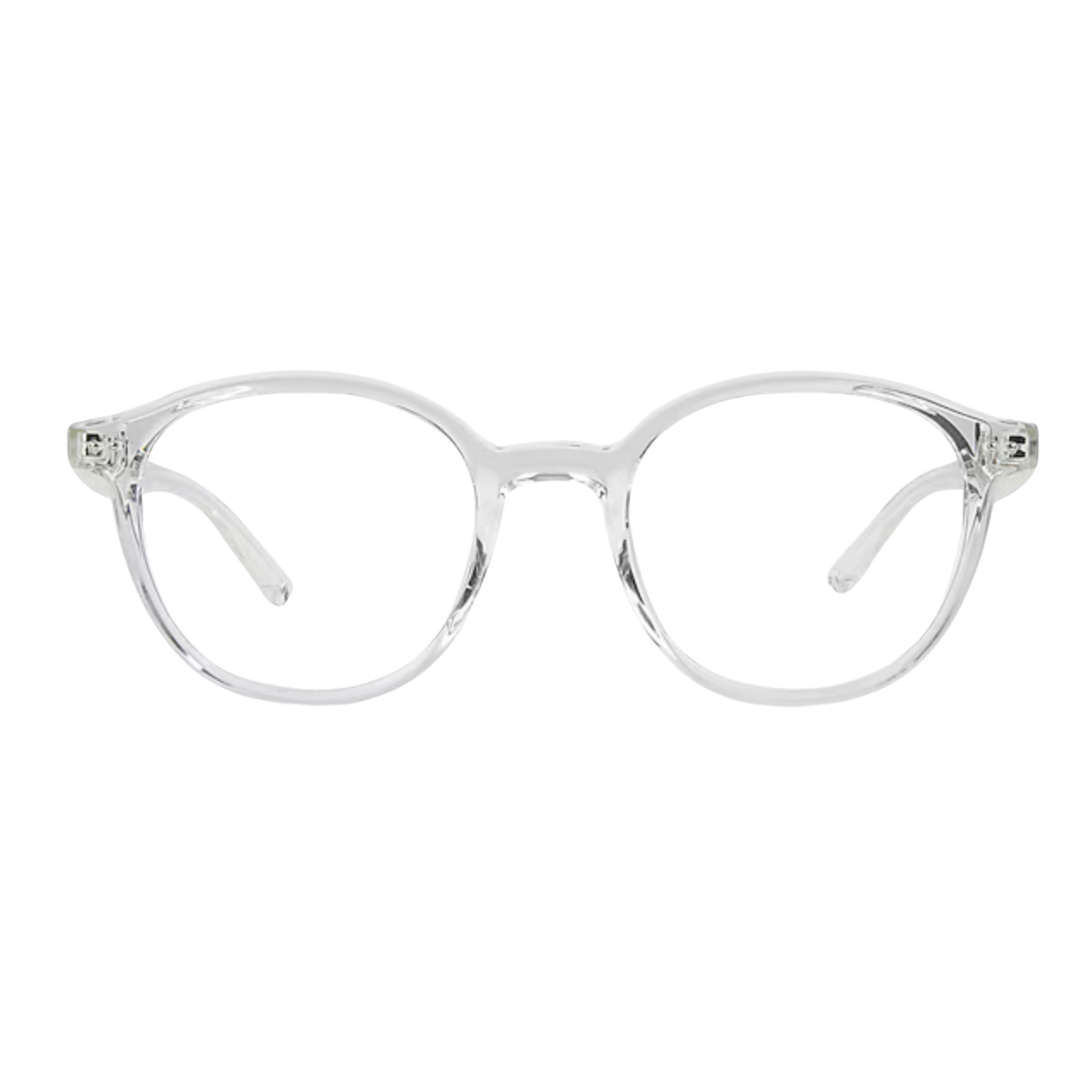 Clear acetate round eyeglasses frames with transparent lenses and silver metal hinges, shown against a plain white background.
