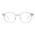 Clear acetate round eyeglasses frames with transparent lenses and silver metal hinges, shown against a plain white background.