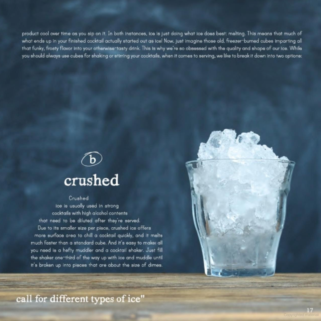 Shake Cocktail Book designed for creative, seasonal, and simple drink-making. This page talks about the difference between types of ice used in cocktails and features a clear drinking glass filled with crushed ice.