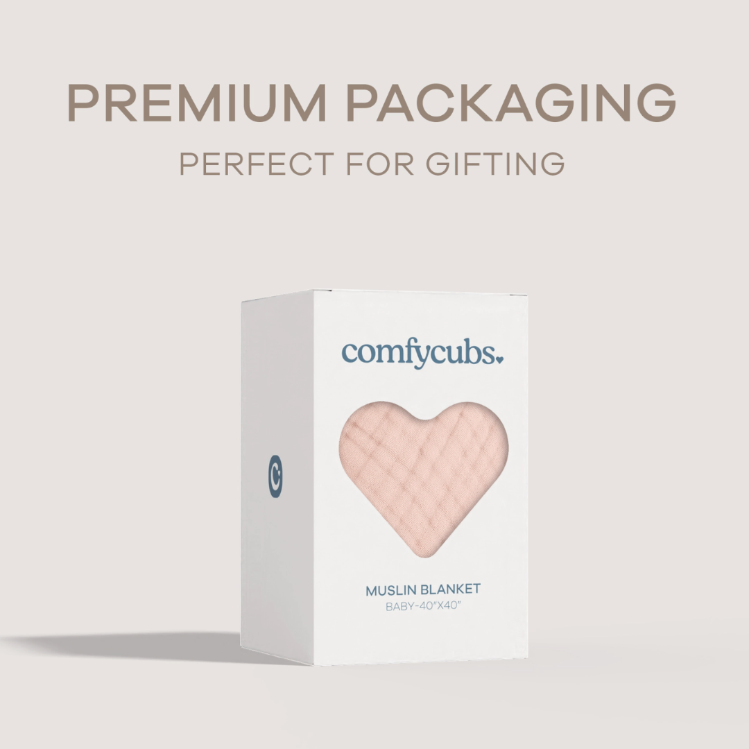 ComfyCubs pink muslin blanket packaging on a light gray background with text 'Premium Packaging Perfect for Gifting'.