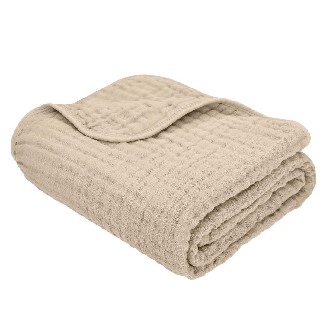 Folded beige blanket on a white background.