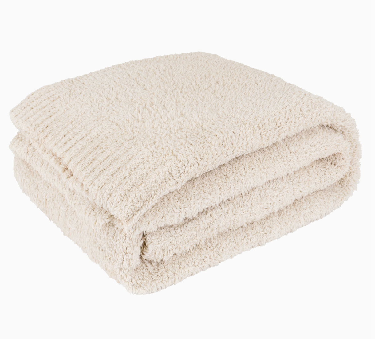 Cream-colored, buttery soft knit blanket measuring 50x60 inches, featuring a fuzzy texture that offers warmth and comfort, ideal for cozy moments of reflection and peace.