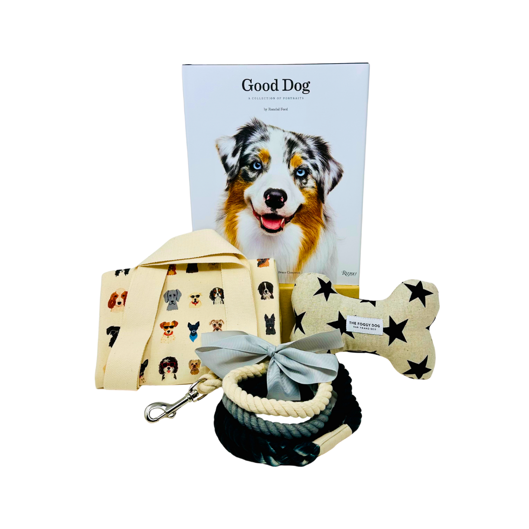 Dog accessories including a bone-shaped toy, leash, and tote with a 'Good Dog' coffee table book featuring a puppy on a white background.