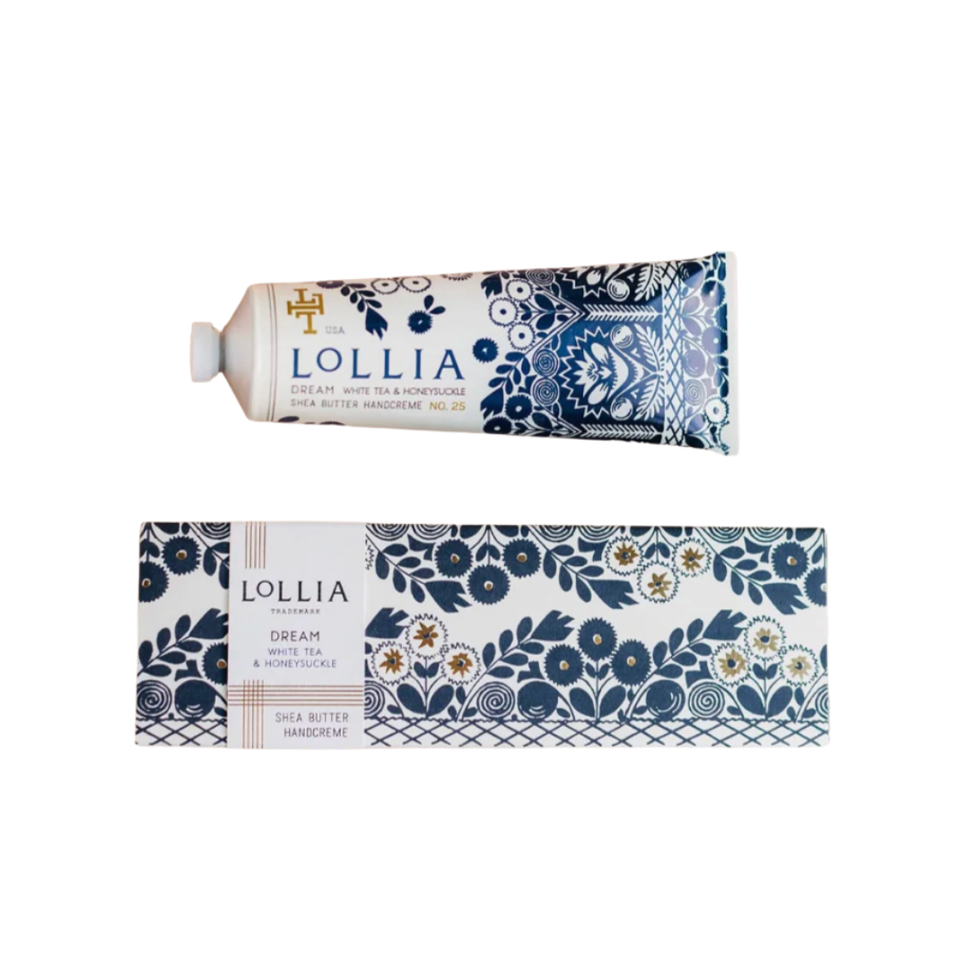 Lollia hand cream packaging with floral design on a white background