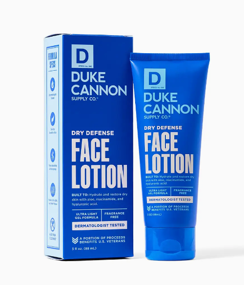 Duke Cannon Dry Defense Face Lotion, a 5.28 oz fragrance-free gel that hydrates, reduces oil, and prevents redness for a smooth, balanced appearance.