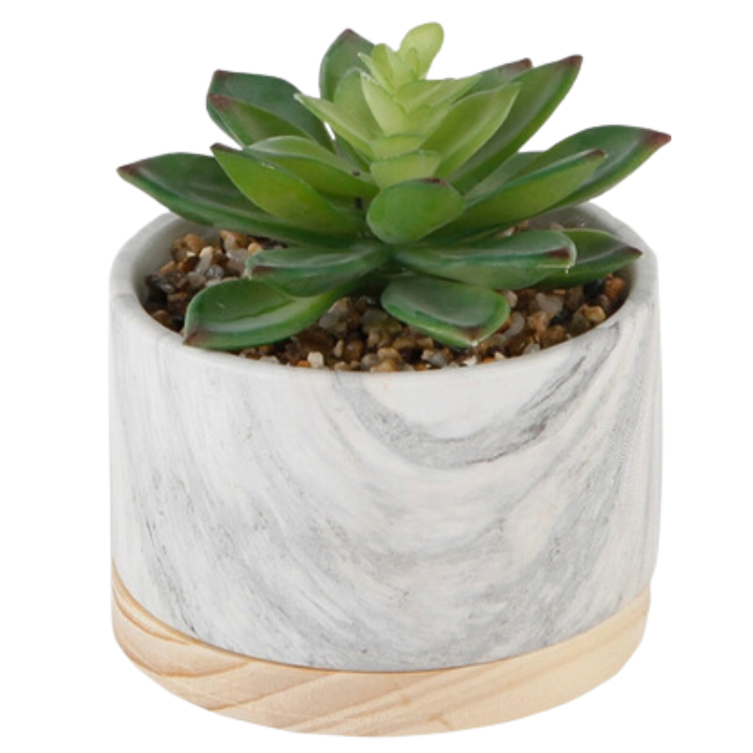 Faux succulent in marbled vessel with wood base: Realistic artificial plant adds modern flair to any space without the need for maintenance.