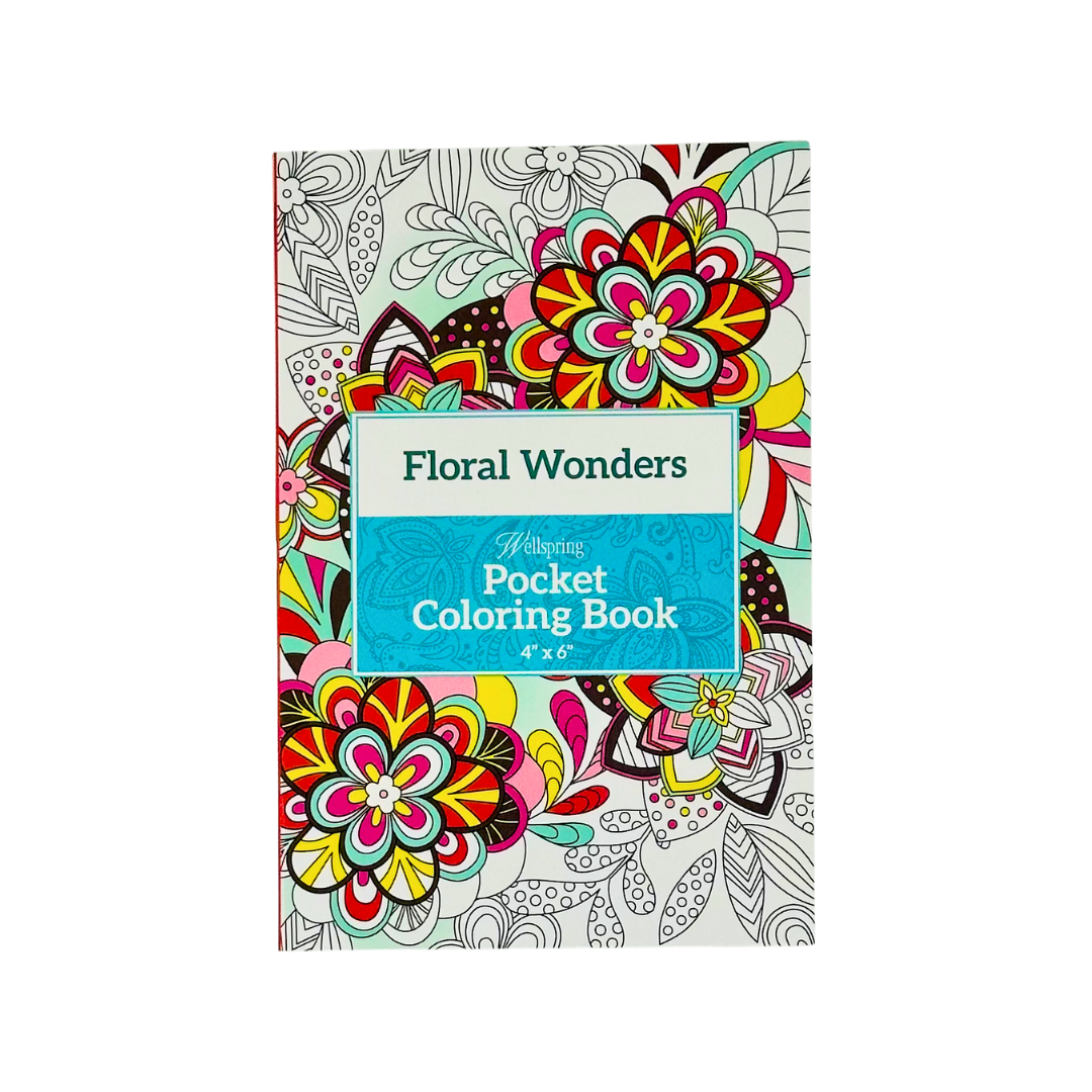 Floral Wonders pocket coloring book with colorful floral designs on a white background
