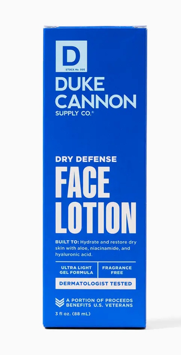 Lightweight, fragrance-free face lotion by Duke Cannon, designed to tackle dry skin, excess oil, and environmental aggressors for a refreshed, matte finish.