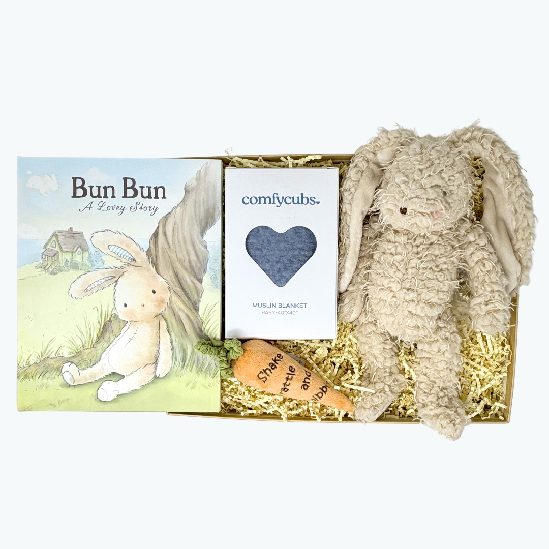 Gift set with plush bunny, blanket, and book in a box.