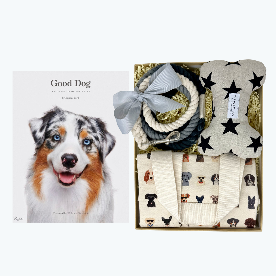 Dog gift set with a 'Good Dog' hardcover book, leash, Rifle Paper canvas tote and Foggy Dog toy on a white background.