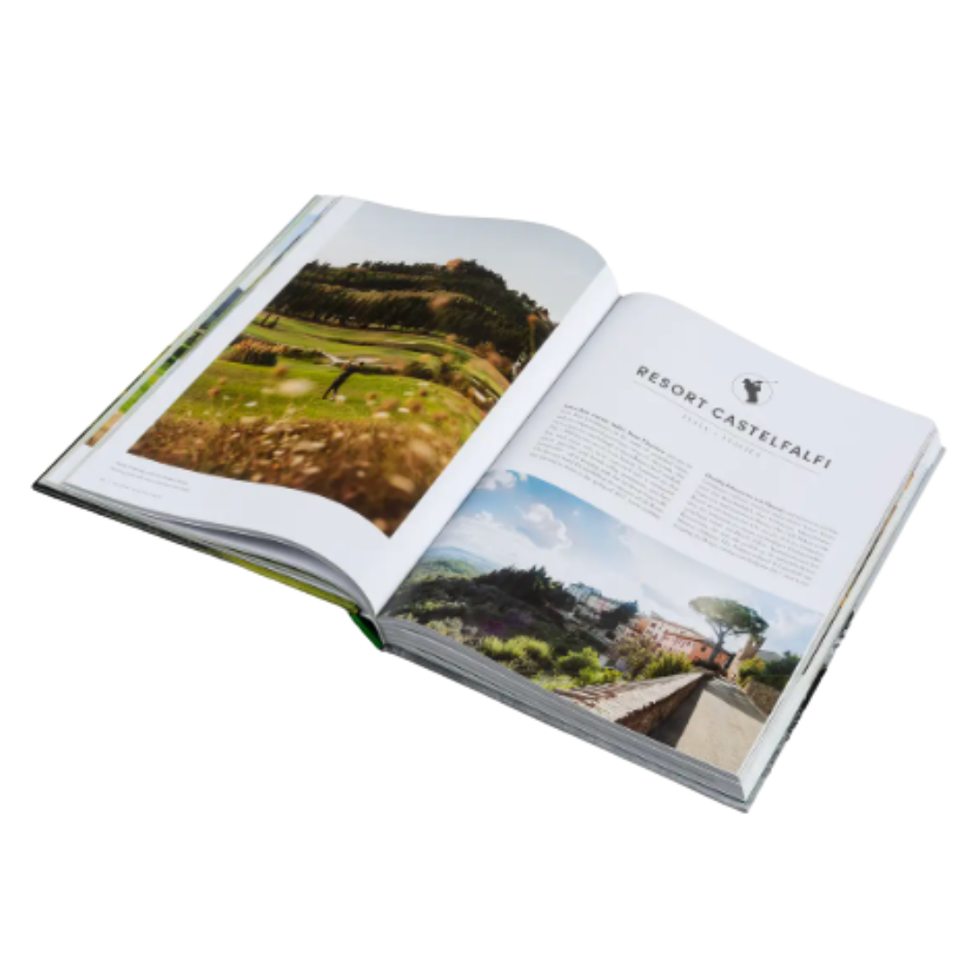 Open book showing images of a golf course and resort on a white background.