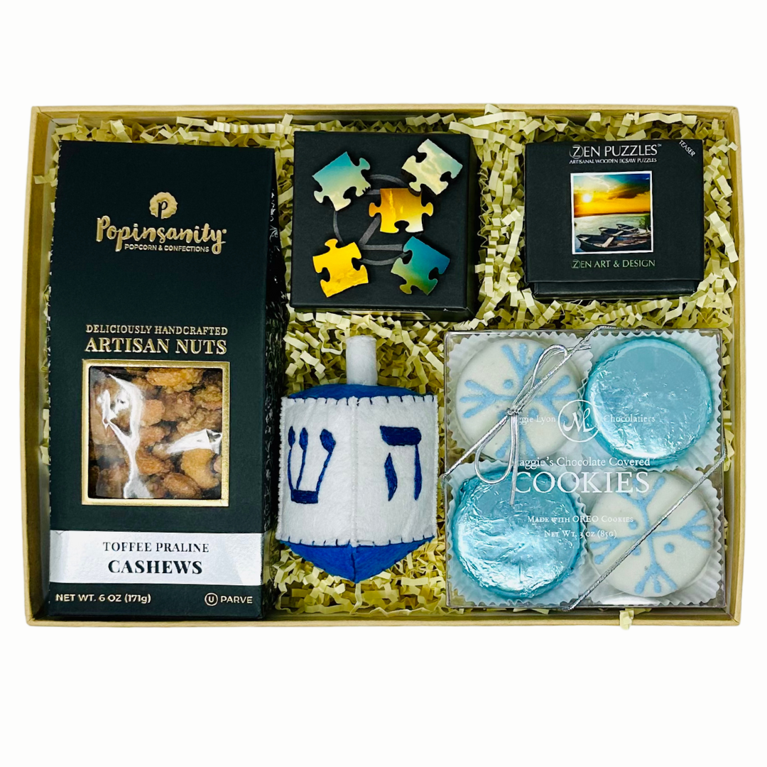 A beautifully curated Hanukkah gift box from Me To You Box, featuring festive treasures like elegant Hanukkah-themed decor, gourmet goodies, and cozy comforts, designed to bring joy and warmth during the holiday season.