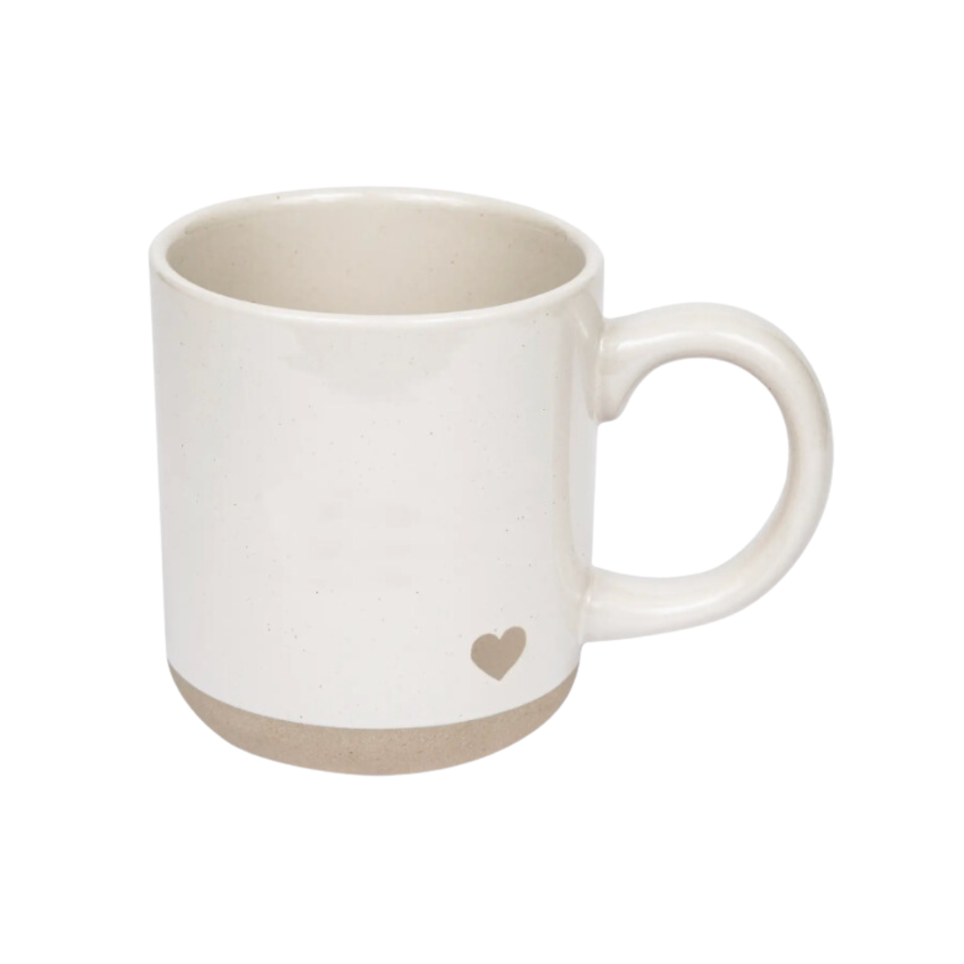 14oz stoneware mug with cream color and speckled design, featuring a small heart on one side.