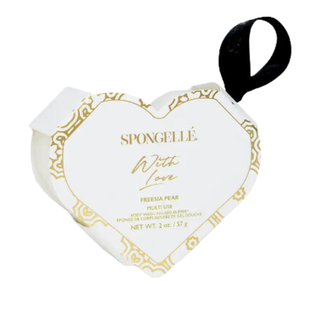 A heart-shaped infused body buffer, perfect for exfoliating and invigorating your skin with gentle cleansing beads and a soothing, fragrant infusion.