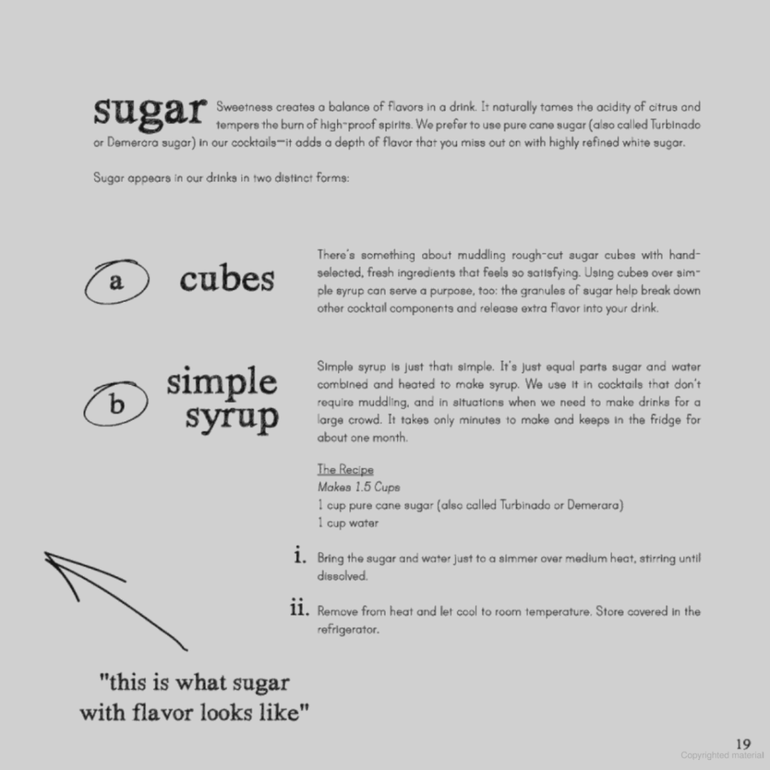 Cocktail lovers' book with original seasonal drink inspirations and features. This page highlights the difference between sweeteners in a cocktail recipes such as simple syrup vs. sugar cubes.