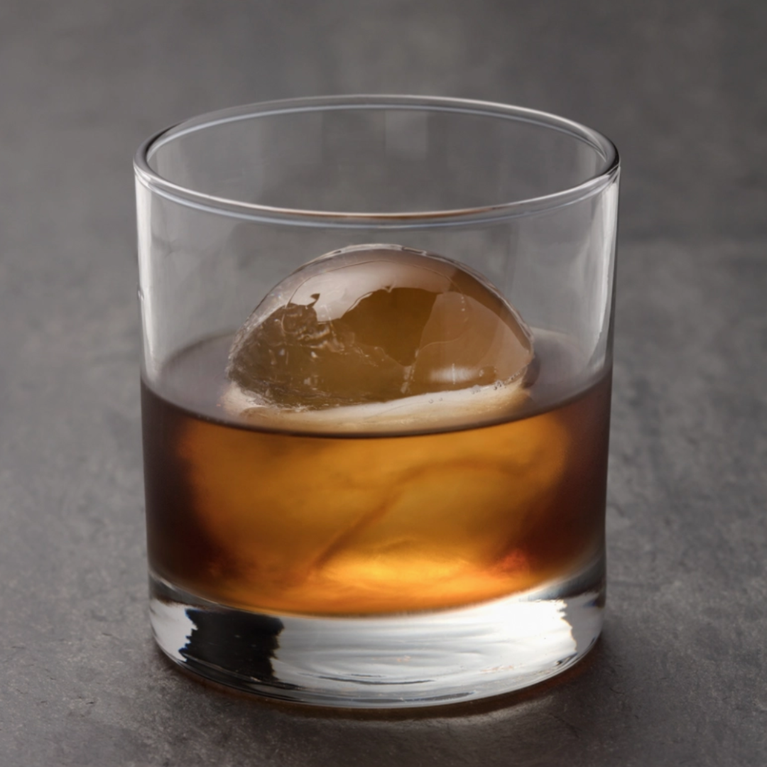 Glass of whiskey with a large sphere shaped ice cube on a gray background.