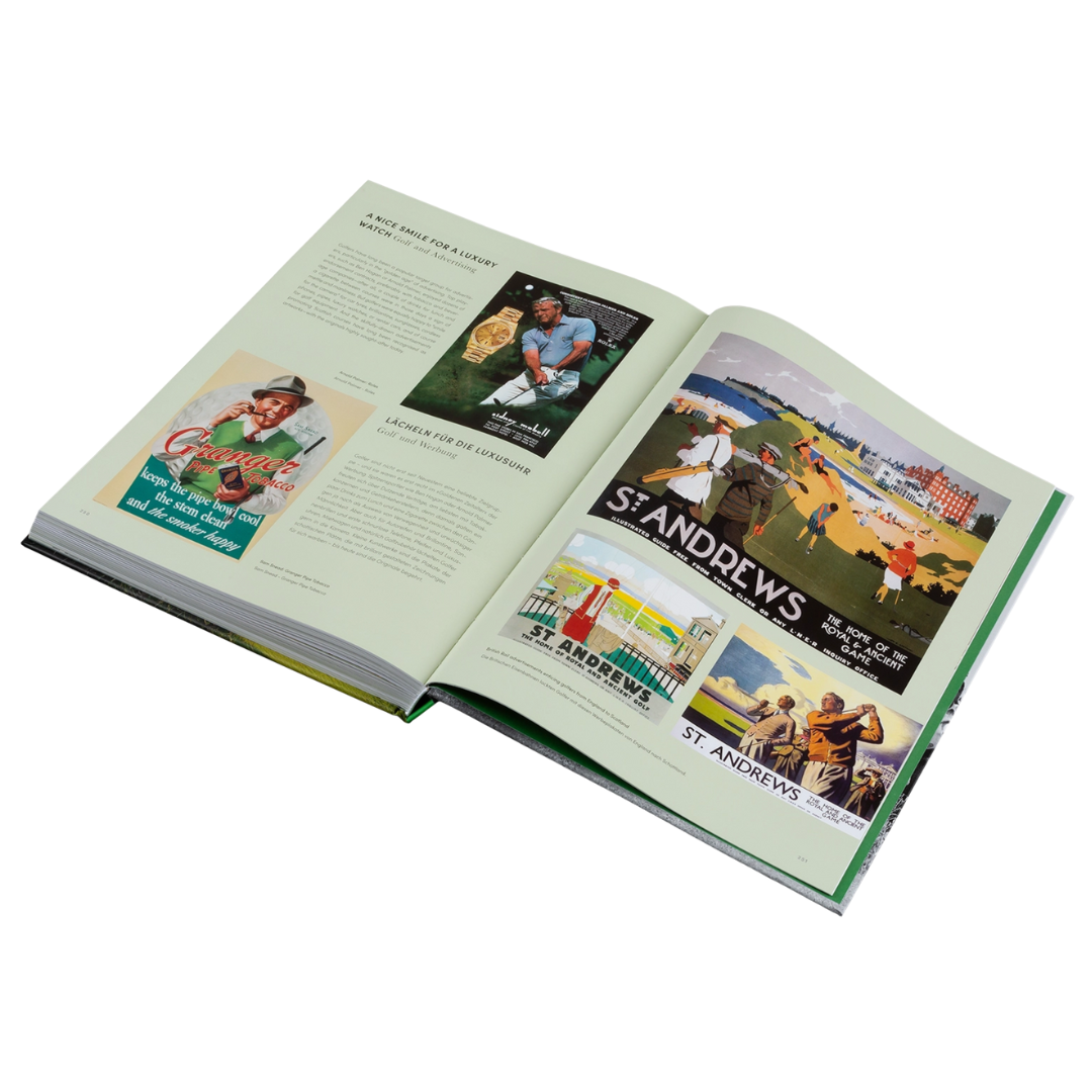 Open book with pages featuring images and text related to St. Andrews.