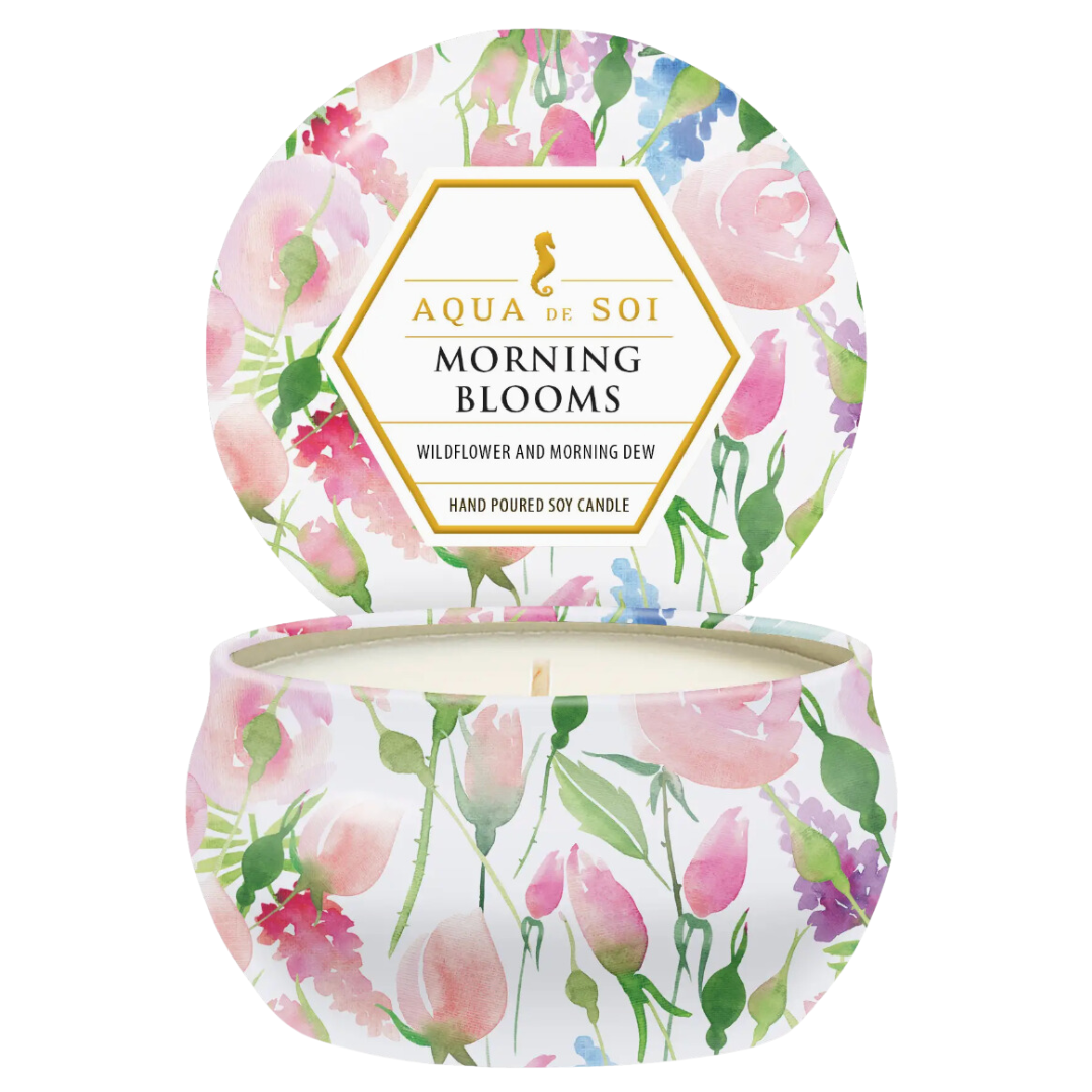 Delight your senses with the fragrant Morning Blossoms Soy Wax Candle, housed in a beautiful 4oz floral-patterned tin.