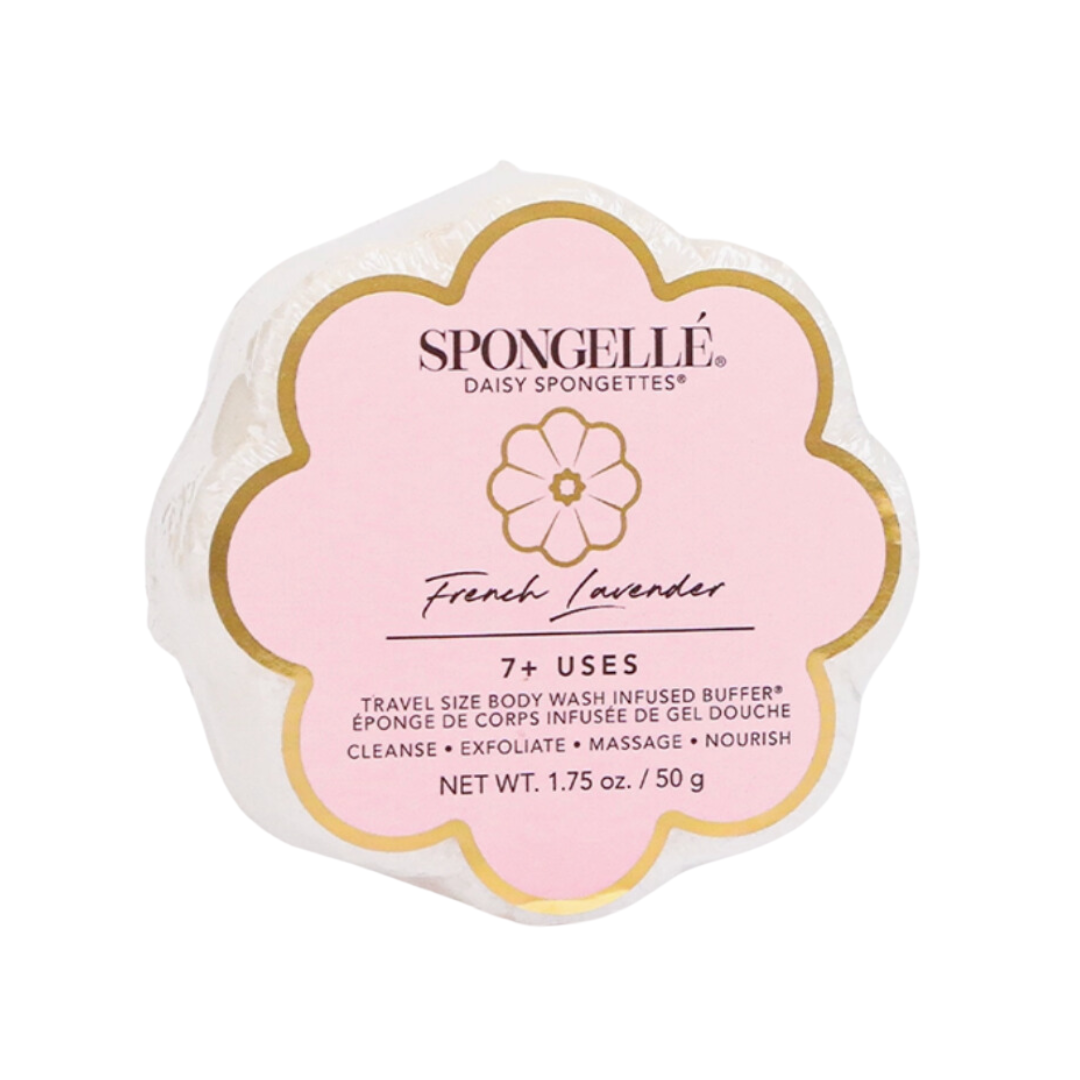 Spongelle French Lavender spongette. Luxuriate in the soothing embrace of the French Lavender Daisy Infused Body Buffer by Spongellé, available online at Me To You Box—an indulgent spa experience in the comfort of your home.