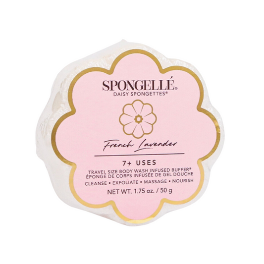 Spongelle French Lavender spongette. Luxuriate in the soothing embrace of the French Lavender Daisy Infused Body Buffer by Spongellé, available online at Me To You Box—an indulgent spa experience in the comfort of your home.