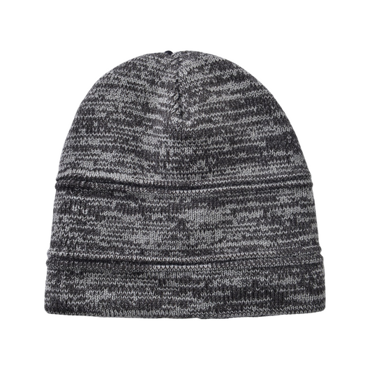 Close-up of soft heathered grey beanie hat for men, perfect for cozy winter style.
