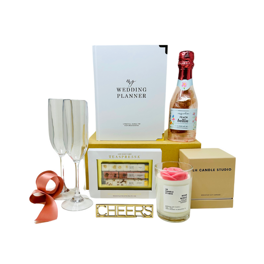 Cheers-themed curated box for engagements with joyful surprises.