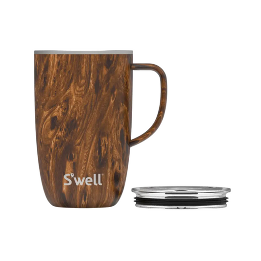 A 16oz stainless steel mug and sliding lid with a sleek teakwood exterior and a convenient handle, ideal for both hot and cold beverages.