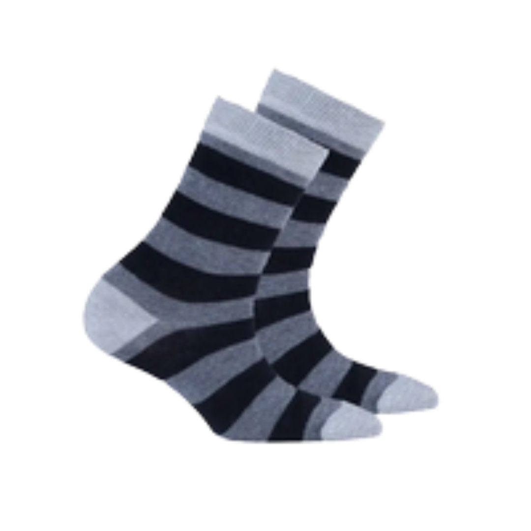 A pair of crew socks with horizontal stripes in gray, black, and light gray, shown against a plain white background.