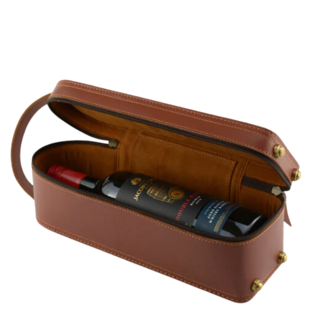 Brown leather bottle carrying case, with a sleek zipper and a comfortable handle, shown holding a single wine bottle. The case exudes a classic and refined appearance.