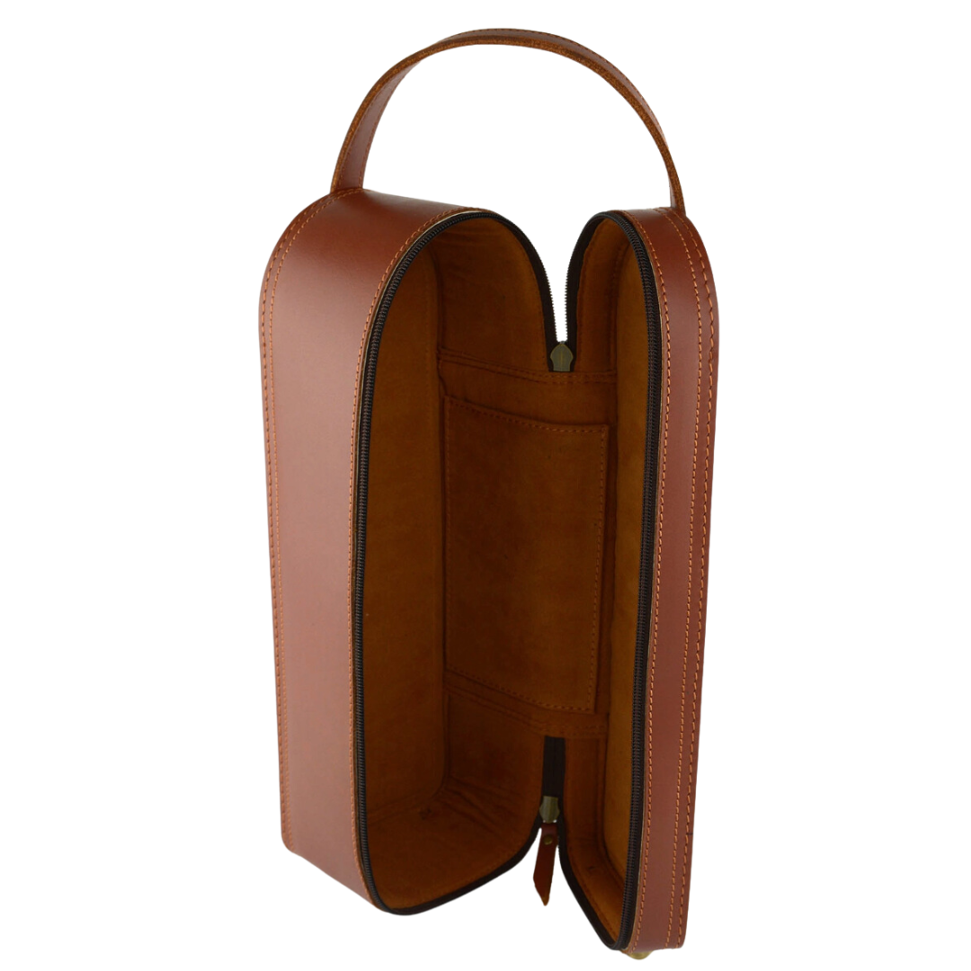 Close-up of a brown leather glass bottle carrying case, featuring a zipper closure and a sturdy handle for easy transportation. The case is neatly organized to hold a single bottle.