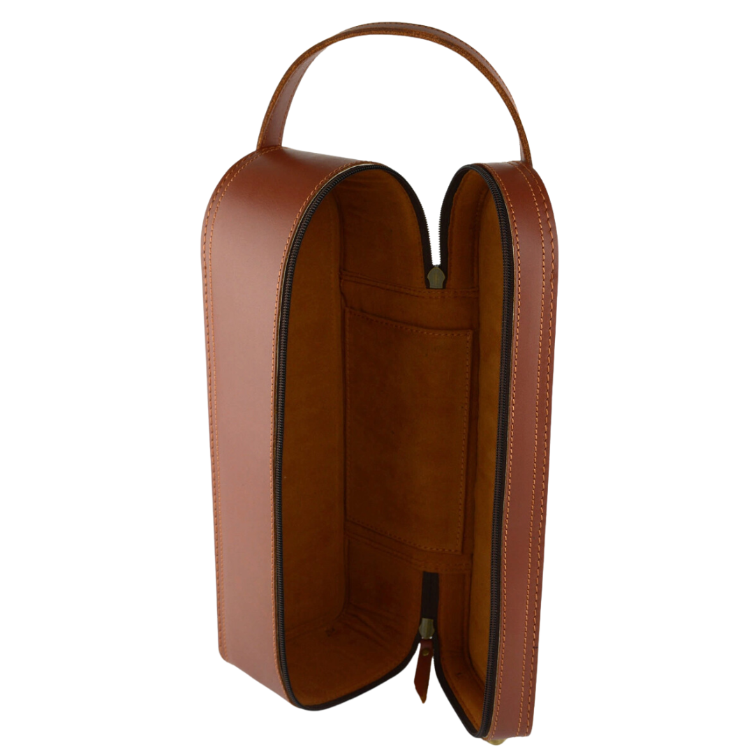 Close-up of a brown leather wine bottle carrying case, featuring a zipper closure and a sturdy handle for easy transportation. The case is neatly organized to hold a single bottle.