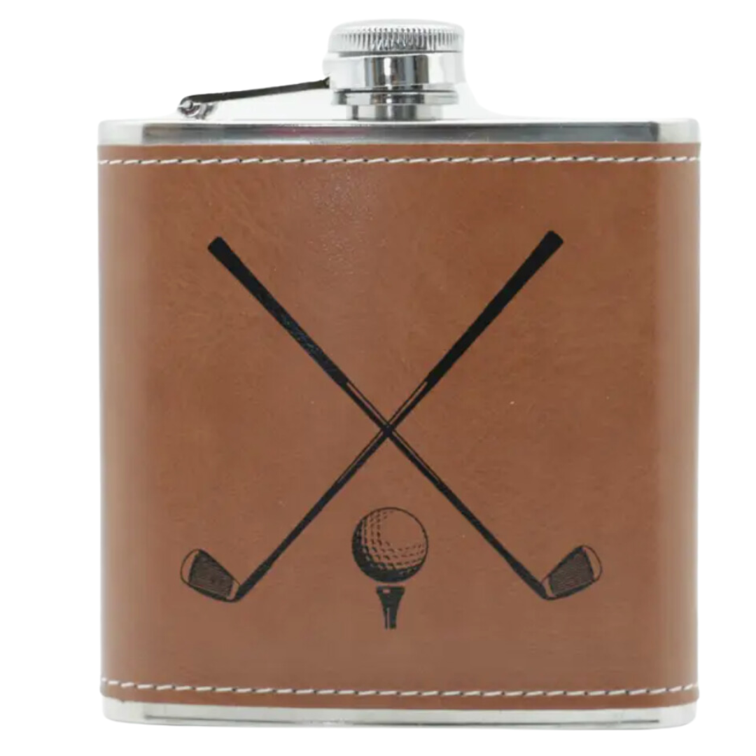 A 6-ounce Golf Design Leatherette Hip Flask with a sleek laser-etched golf motif on its leatherette cover, packaged in a sophisticated David Aster branded gift box. This stylish and durable flask is a thoughtful and practical gift, perfect for golf enthusiasts and special occasions like Father’s Day.