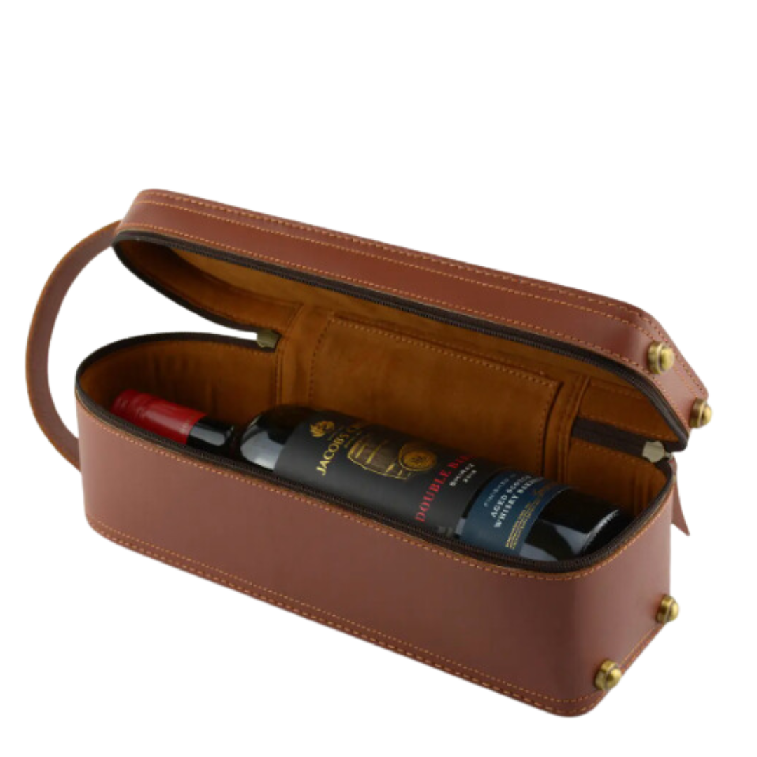 Brown leather wine bottle carrying case, with a sleek zipper and a comfortable handle, shown holding a single wine bottle. The case exudes a classic and refined appearance.