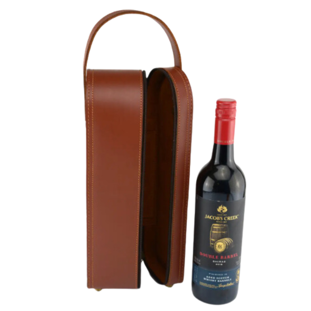 Detailed view of a brown leather case for carrying a single wine bottle, equipped with a zipper and handle. The leather is smooth and durable, making it ideal for secure bottle transport.