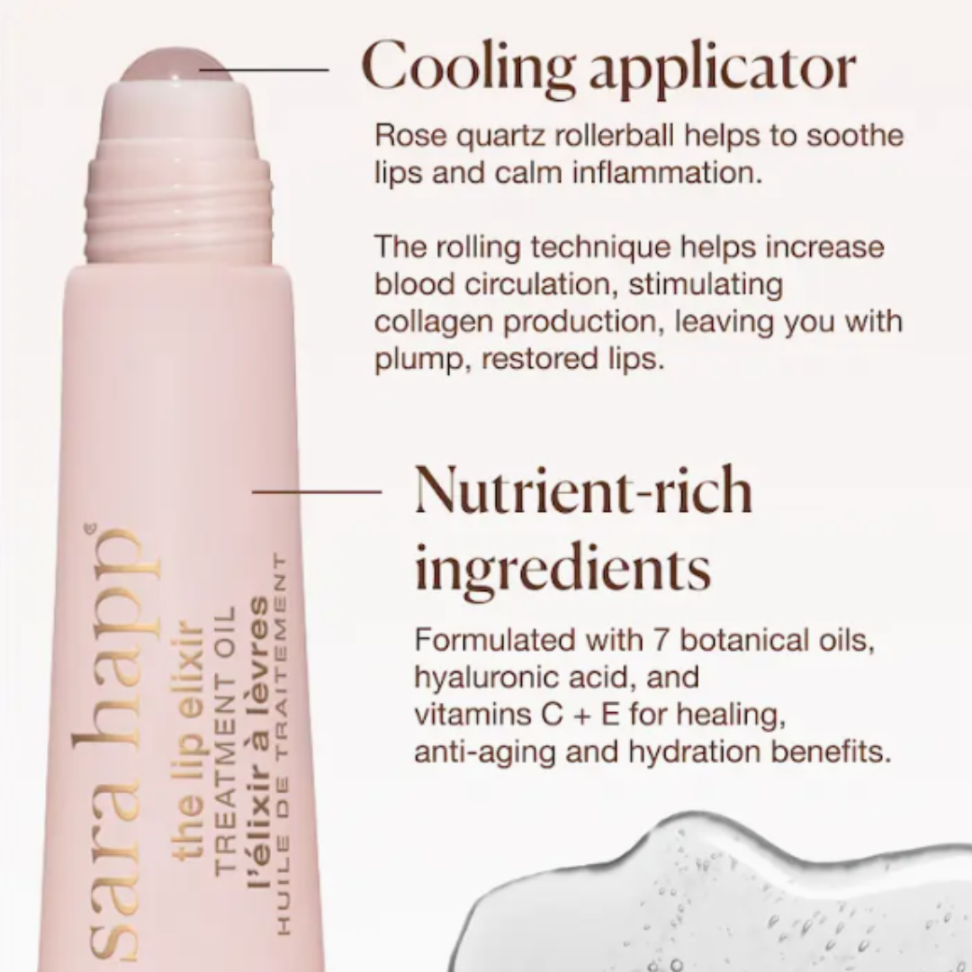 Sara Happ lip treatment oil with text about cooling applicator and nutrient-rich ingredients.