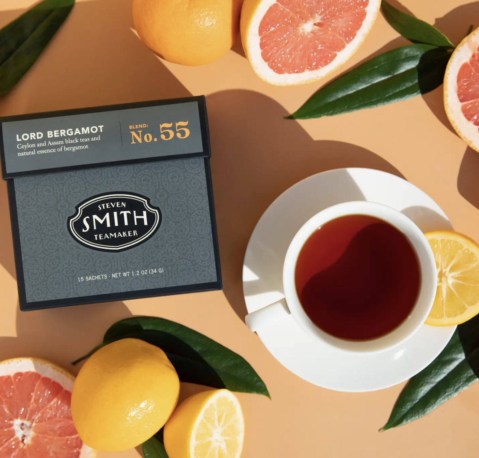 Black box of Lord Bergamot Earl Grey Black Tea Blend, containing 15 individual sachets of aromatic tea.