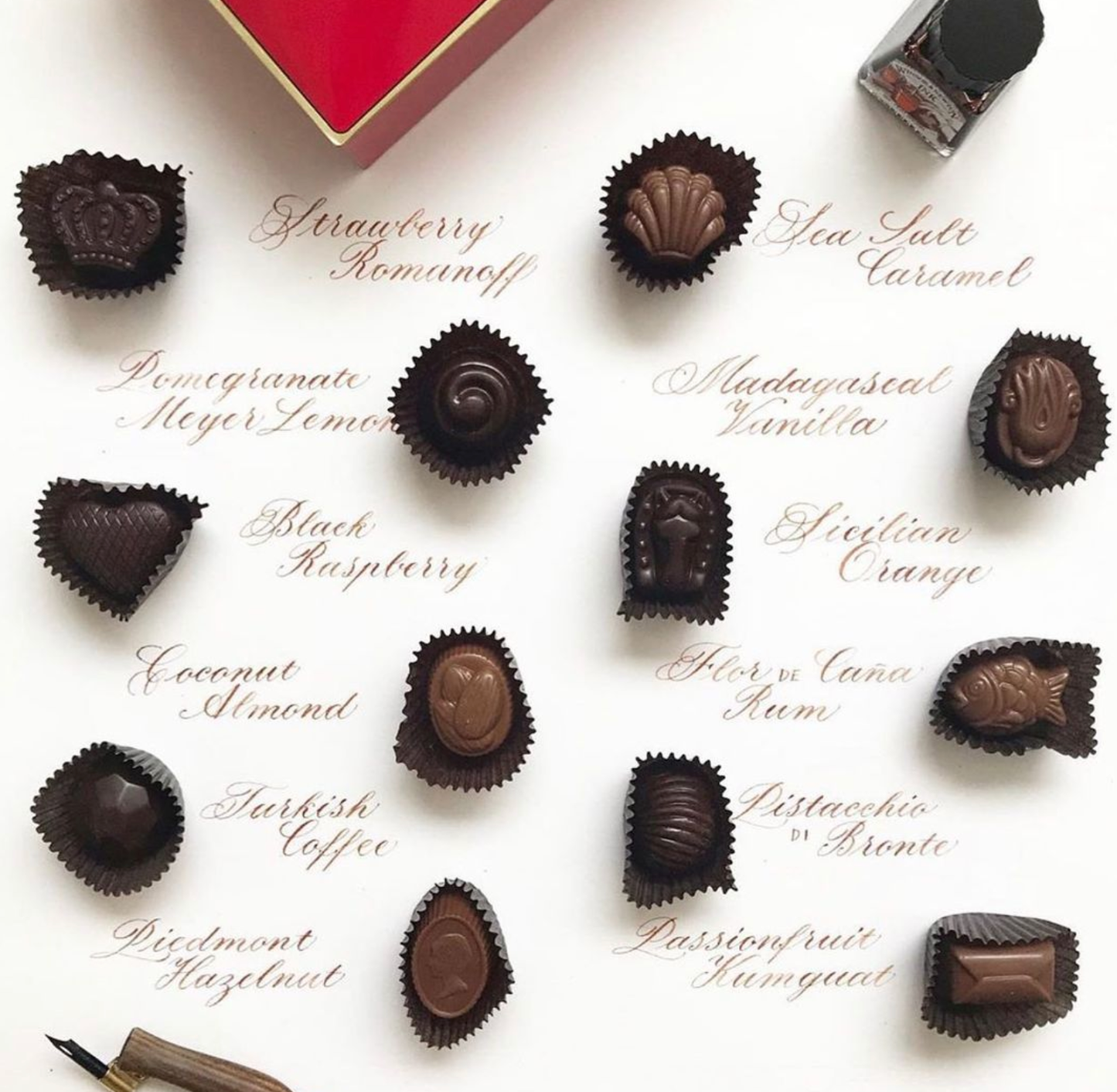Louis Sherry 12-piece chocolate truffles in a vintage-inspired tin box. Chocolates are neatly laid out with their flavor description next to them.