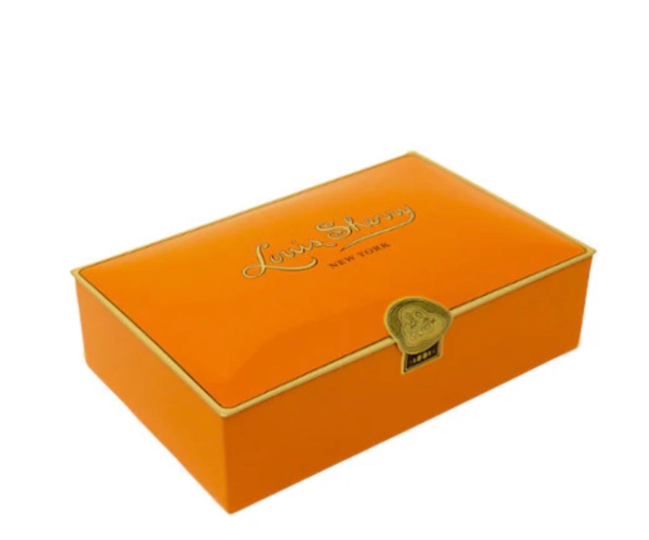 Orange tin box with gold accents and a visible Louis Sherry brand logo on a white background