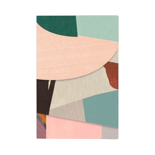An abstract geometric art print featuring overlapping shapes in pastel pink, mint green, teal, cream, brown, and dark charcoal on a white background.