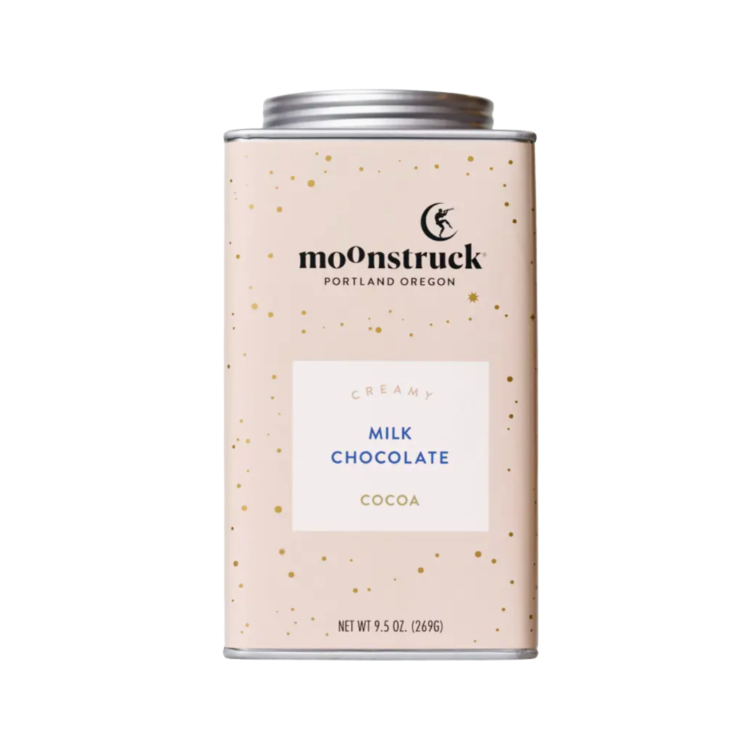 Moonstruck milk chocolate cocoa canister on a white background.