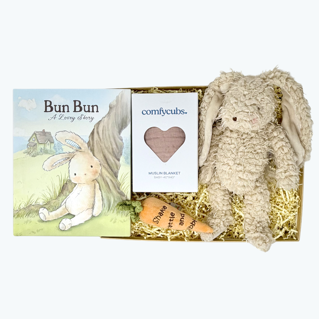 Gift set with a plush bunny, book, and muslin blanket in a box.