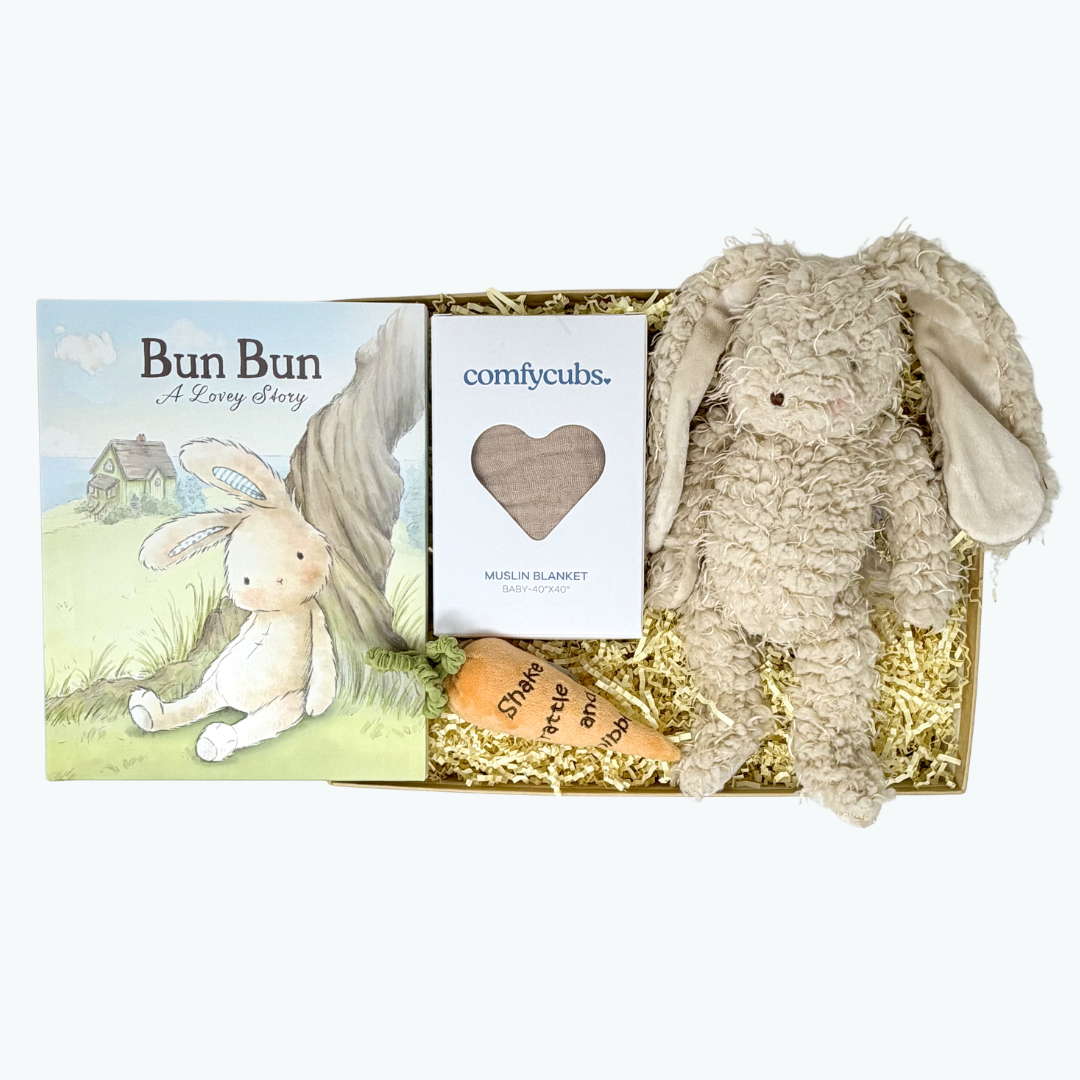 Gift set with plush bunny, book, and blanket in a box.
