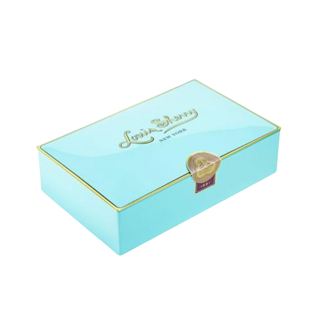 Light blue tin box with gold accents and a Louis Sherry logo on a white background