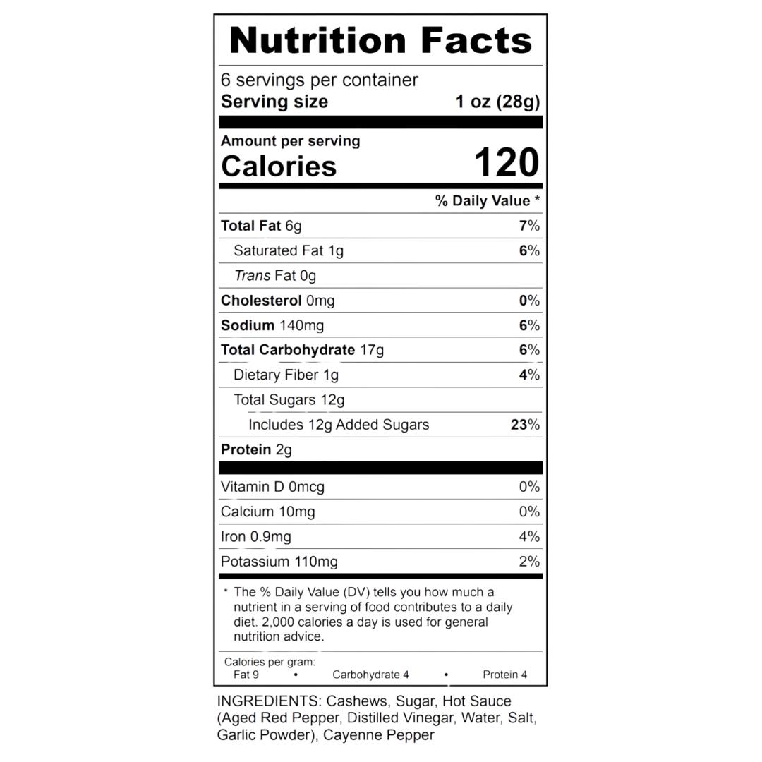 Nutrition facts label for a food product with detailed nutritional information.