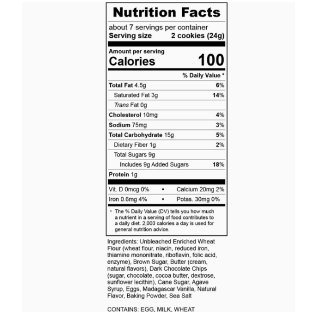Nutrition facts label for Rustic Bakery's chocolate chip cookies with detailed calorie and ingredient information.